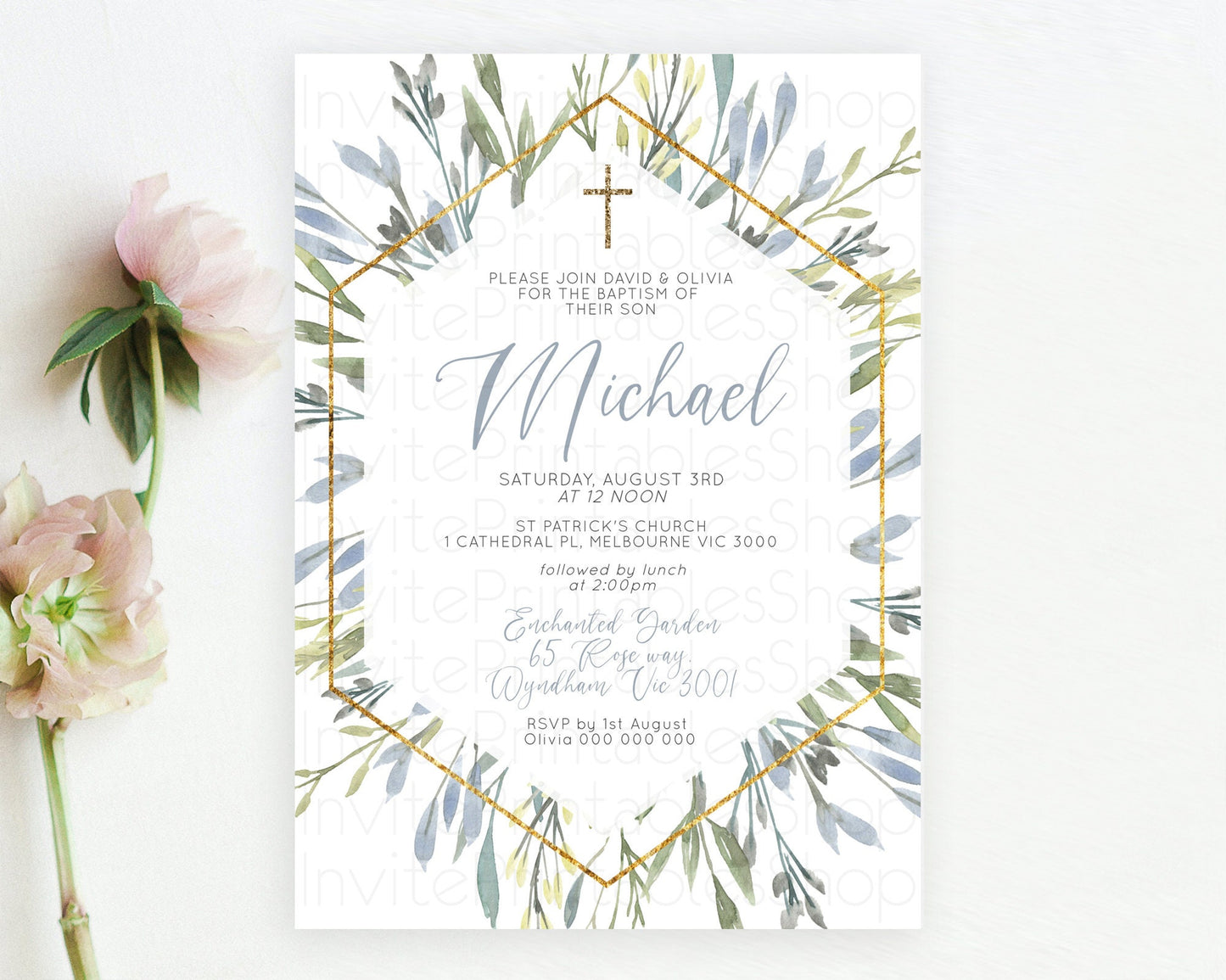 Leafy Baptism Invitation Leafy Simple Greenery Baptism 1st Birthday Invitation Eucalyptus Fern Spray Leaves Green Leaf Watercolour D10532