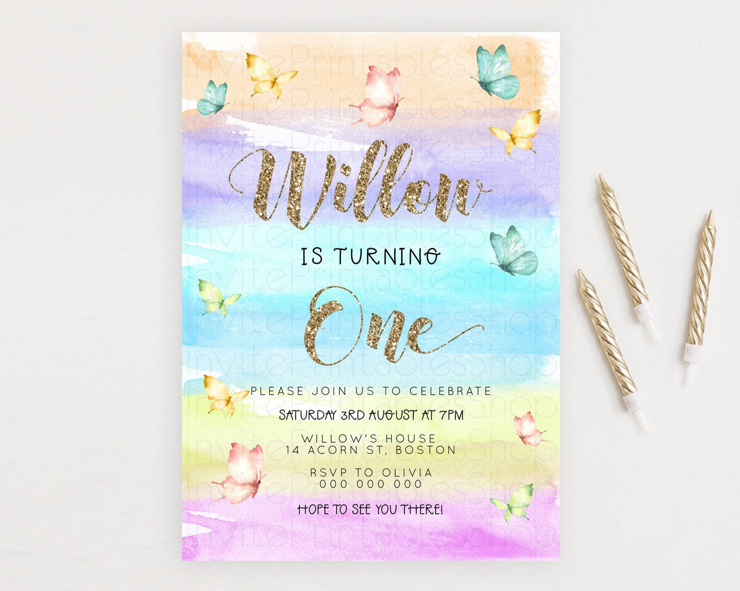 Pastel Butterfly Birthday Invitation Butterfly Birthday Invitation Colorful Splash Glitter Butterfly Garden 1st 2nd Birthday D23224