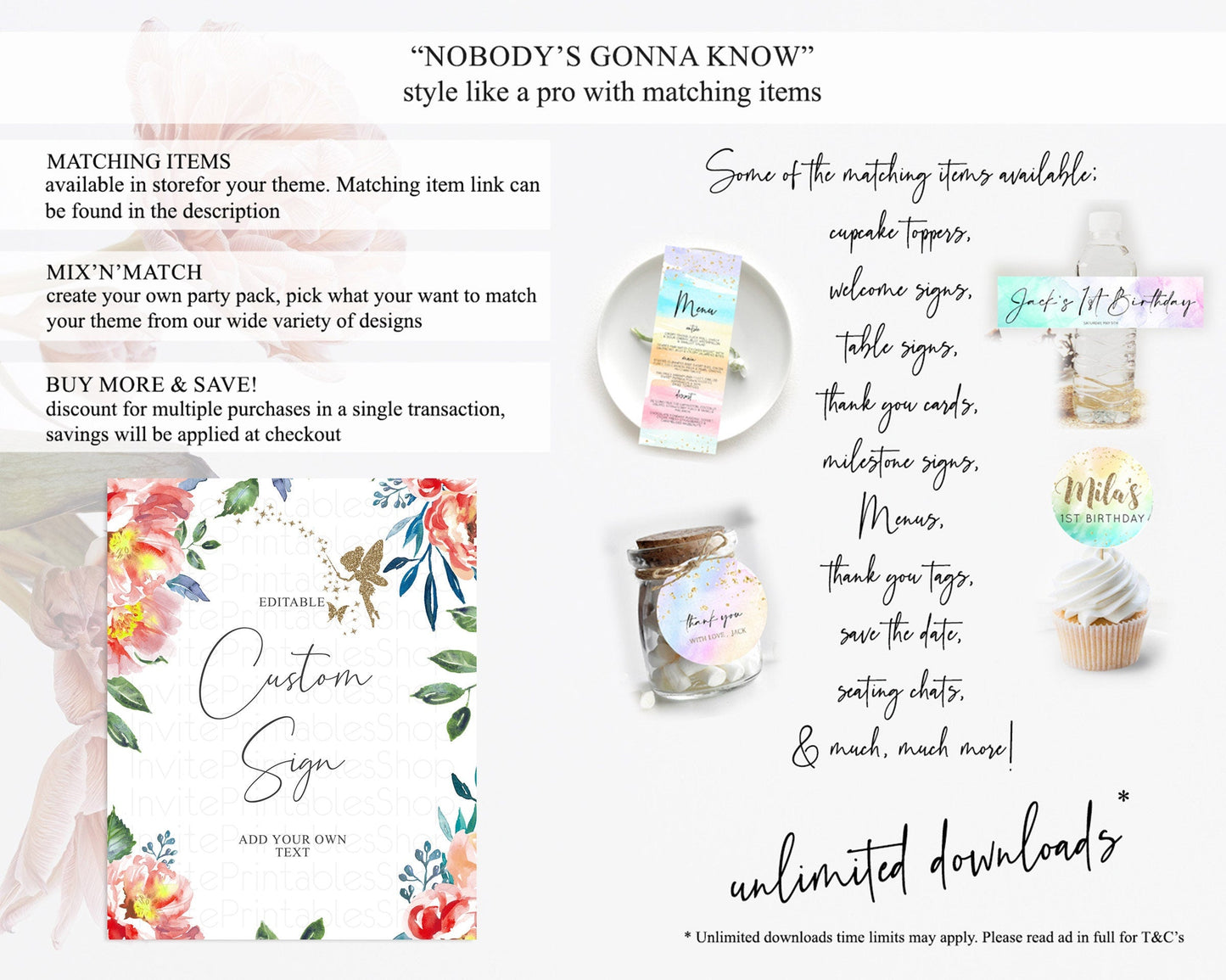 Fairy Sign Enchanted Garden Table Sign Decor Pastel Floral Butterfly Party Secret Garden Birthday Baptism Baby Shower Bridal Shower D10752