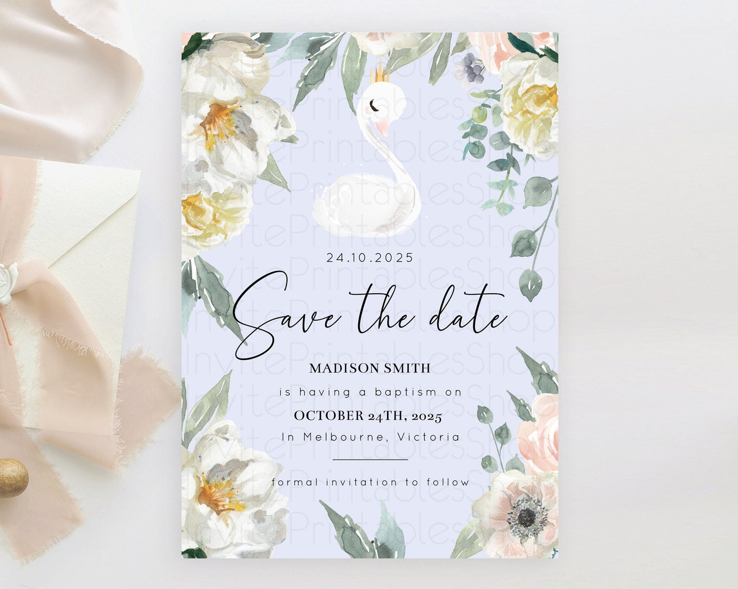 Swan Save The Date Template Swan Princess Ballet Party Enchanted Swan Lake Secret Garden Pastel Floral Birthday Baptism Baby Shower D10756