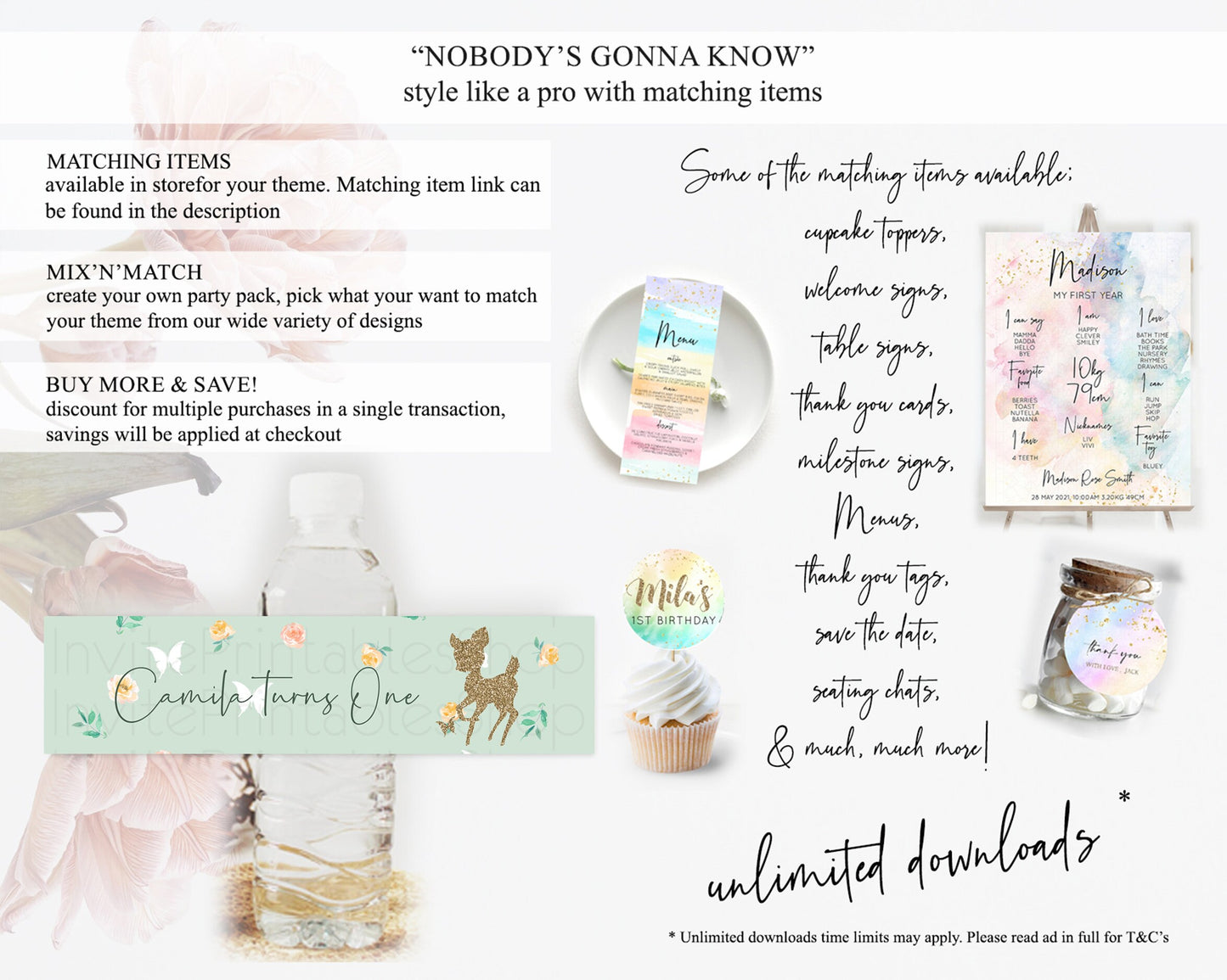 Fawn Deer Water Label Template Pastel Floral Deer Enchanted Forest Butterfly Party Decor Birthday Baptism Baby Shower Bridal Shower D10385