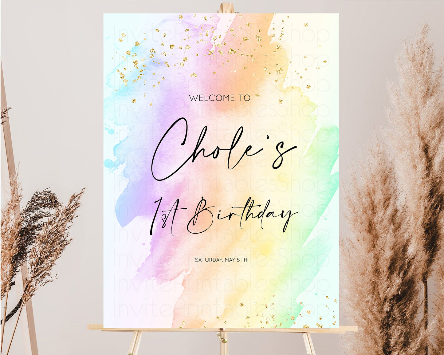 Rainbow Welcome Sign Pastel Watercolor Welcome Board Gold Glitter Confetti Colorful Splash Party Entry Sign 1st Birthday Poster t602