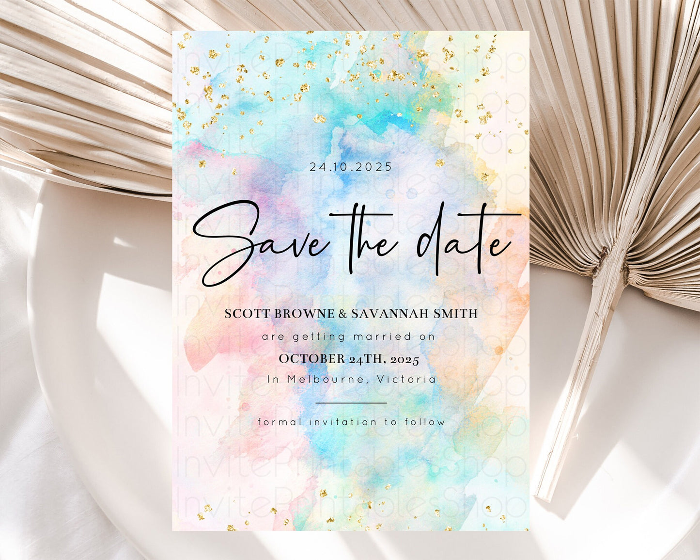 Pastel Save The Date Template Pastel Ombre Rainbow Watercolor Colorful Party For Birthday Baptism Baby Shower Wedding Bridal Shower D10266