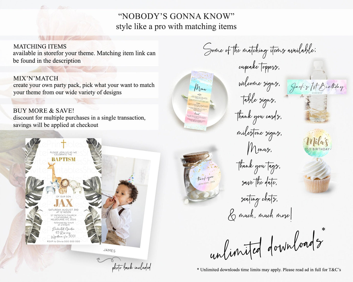 Safari Baptism Invitation Safari Adventure Baptism Birthday Invitation Lion Gorilla Elephant Rhino Tropical Palm Jungle Adventure D10599
