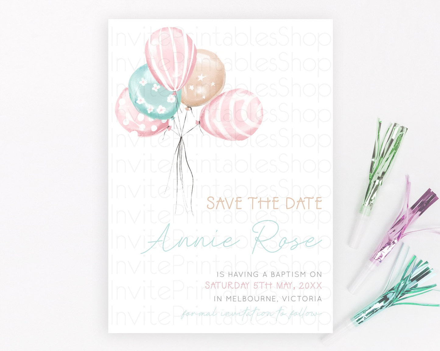 Pastel Balloons Save The Date Rainbow Confetti Balloon Party Colorful Balloon Save The Date Template Birthday Baby Shower Baptism D10687