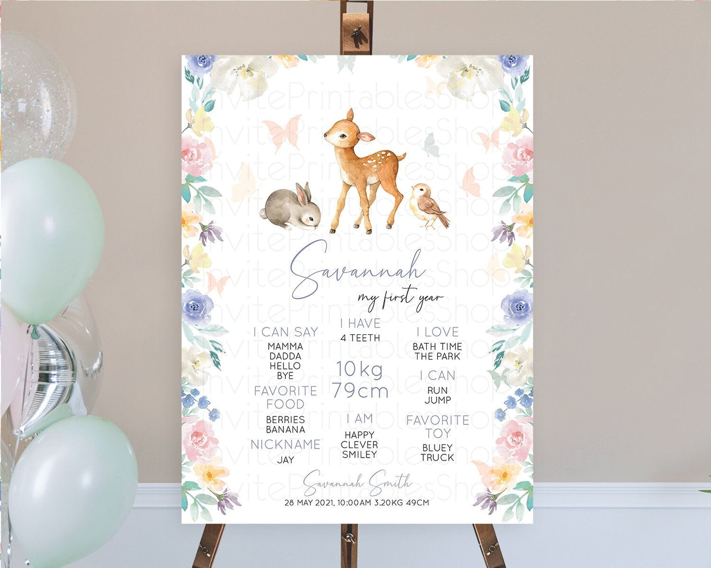 Fawn First Birthday Milestone Board Deer First Birthday Milestone Poster Enchanted Forest Butterfly Pastel Flowers 1st Birthday Sign D10930