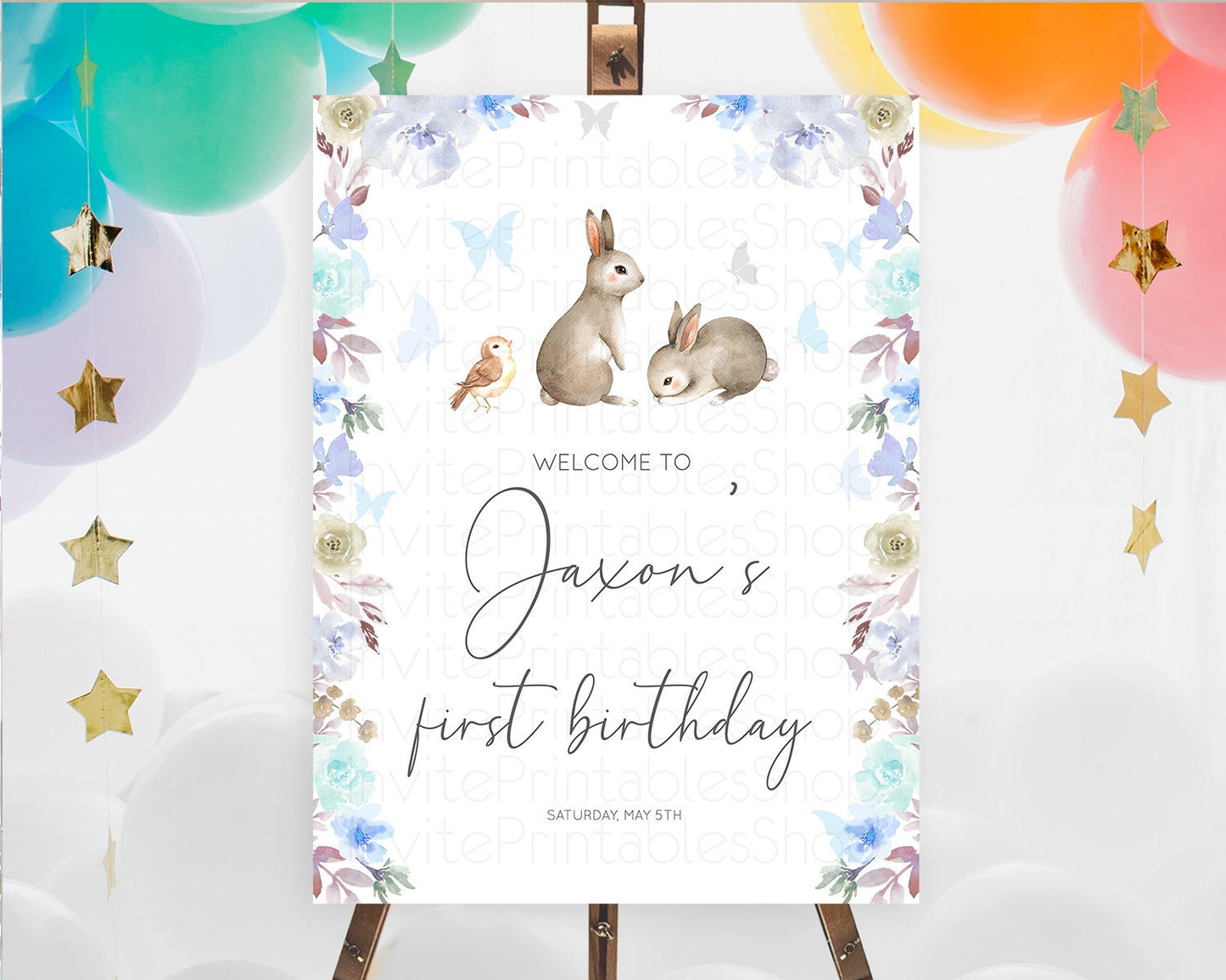 Bunny Welcome Sign Floral Bunny Welcome Board Pastel Flowers Woodland Bunny Welcome Poster Forest Bunny First Birthday Welcome Sign D10927