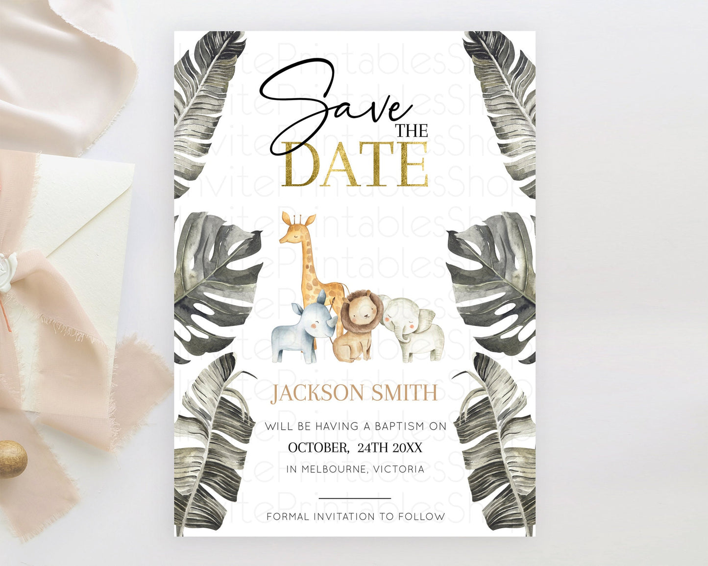 Safari Save The Date Template Lion Gorilla Elephant Rhino Animals Party Tropical Palm Zoo Theme For 1st Birthday Baptism Baby Shower D10599