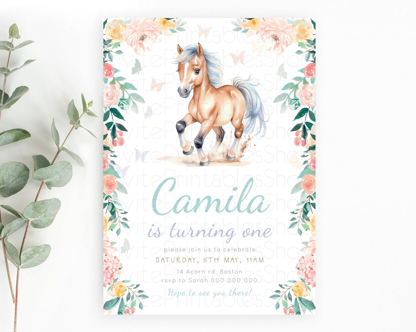 Editable Horse Birthday Invitation Girl Saddle Up Watercolor Cowgirl Party Horse Invite Pink Floral Download Printable Template d23385
