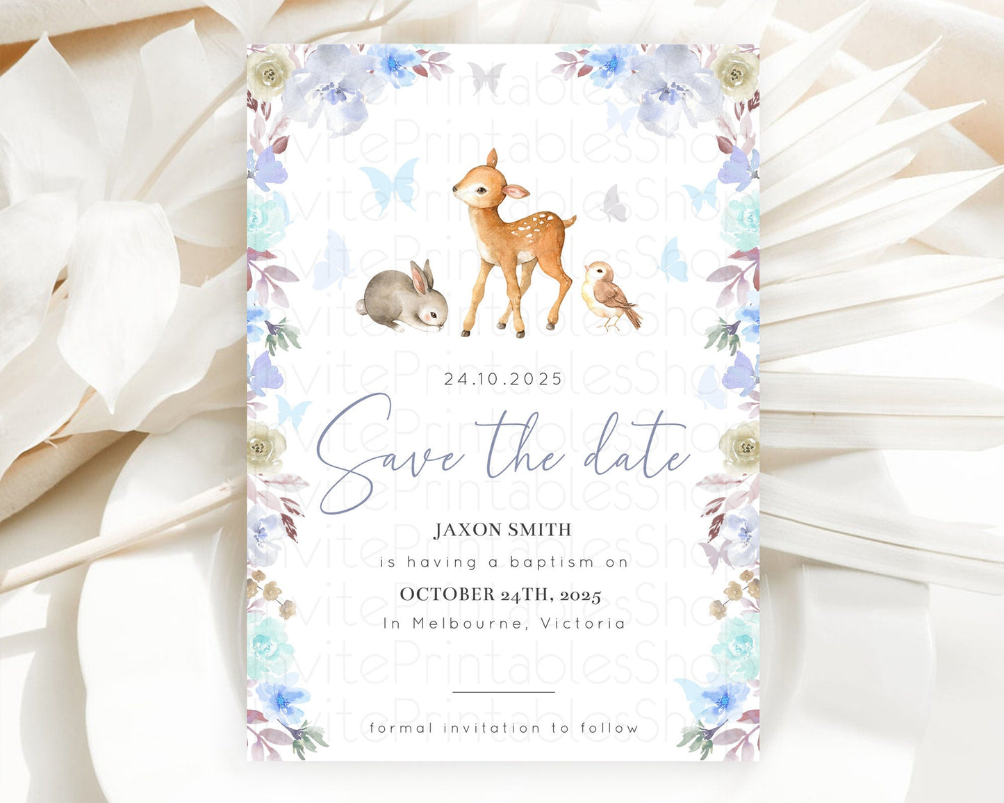 Fawn Deer Save The Date Template Pastel Floral Deer Enchanted Forest Butterfly Party 1st Birthday Baptism Baby Shower Bridal Shower D10929