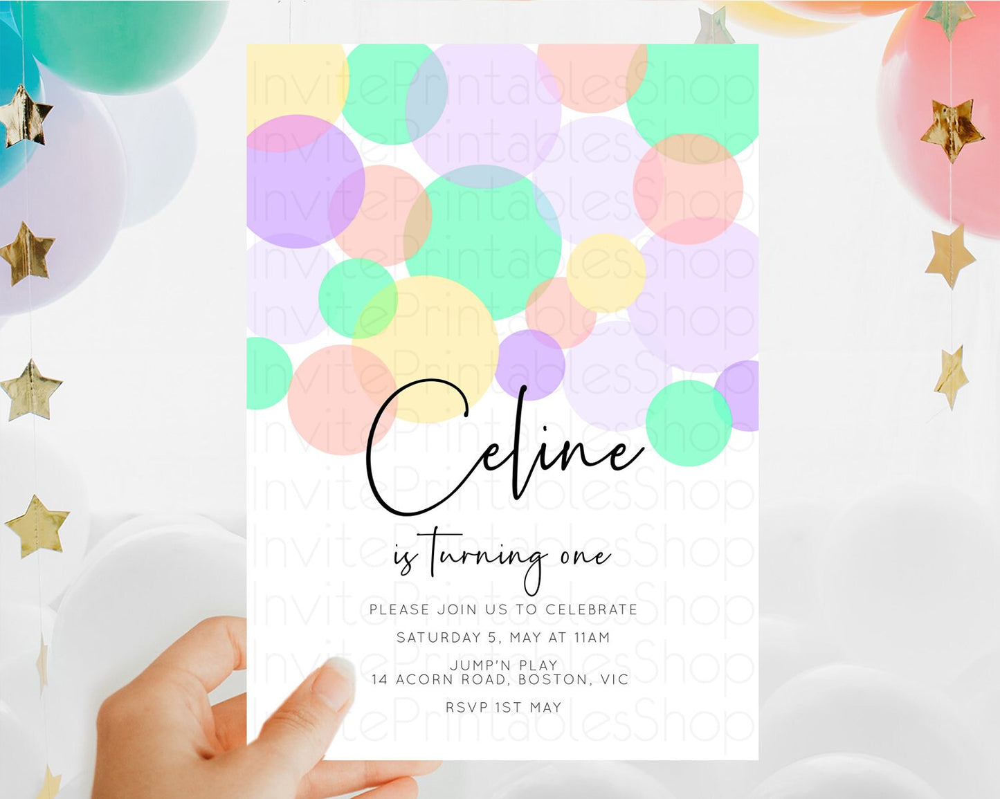 Pastel Birthday Invitation Pastel Confetti Birthday Invitation Bubbles Invitation Colorful Rainbow Confetti 2nd 1st First Birthday D10380