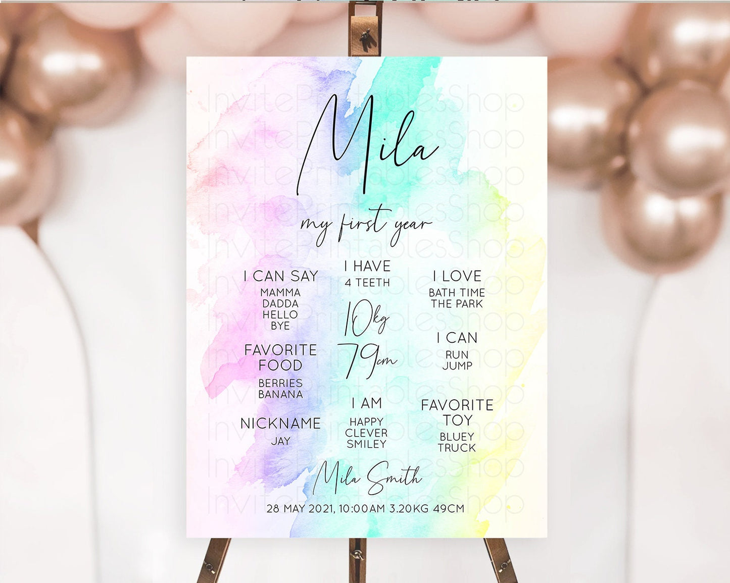 Pastel First Birthday Milestone Board Pastel Rainbow Milestone Poster Colorful Confetti Watercolor Glitter 1st Birthday Welcome Sign D10231
