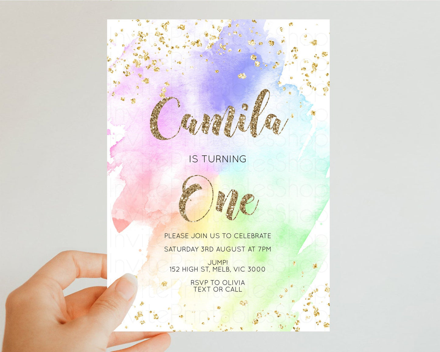 Rainbow Birthday Invitation Pastel Birthday Invitation Ombre Rainbow Invite Colorful Watercolor Invite Glitter Sprinkle Invitation G378