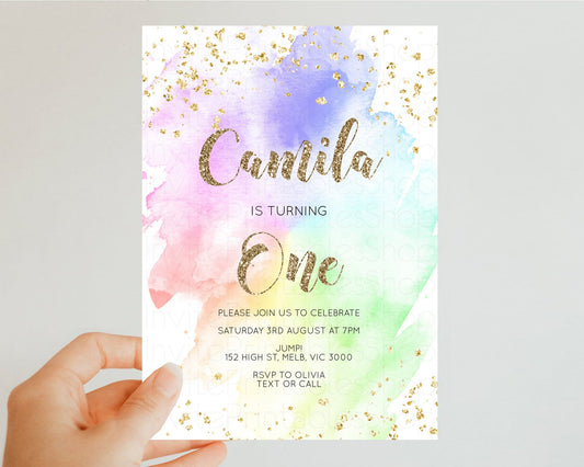 Rainbow Birthday Invitation Pastel Birthday Invitation Ombre Rainbow Invite Colorful Watercolor Invite Glitter Sprinkle Invitation G378