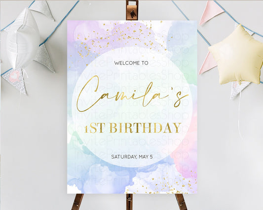 Pastel Welcome Sign Pastel Rainbow Welcome Sign Colorful Rainbow Confetti Watercolor Glitter Pastel First Birthday Welcome Sign D10624