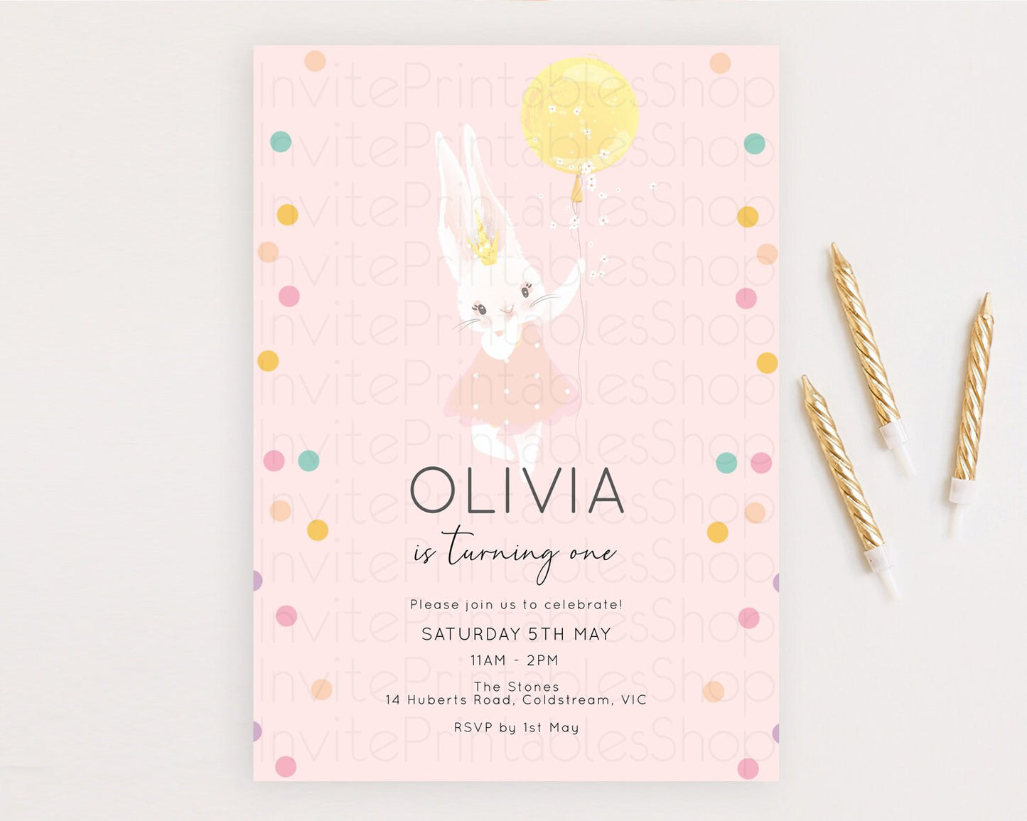 Bunny Birthday Invitation Pastel Bunny Invitation Bunny Balloon Invites Pastel Confetti Balloon Bunny Invites 2nd 1st First Birthday D10219