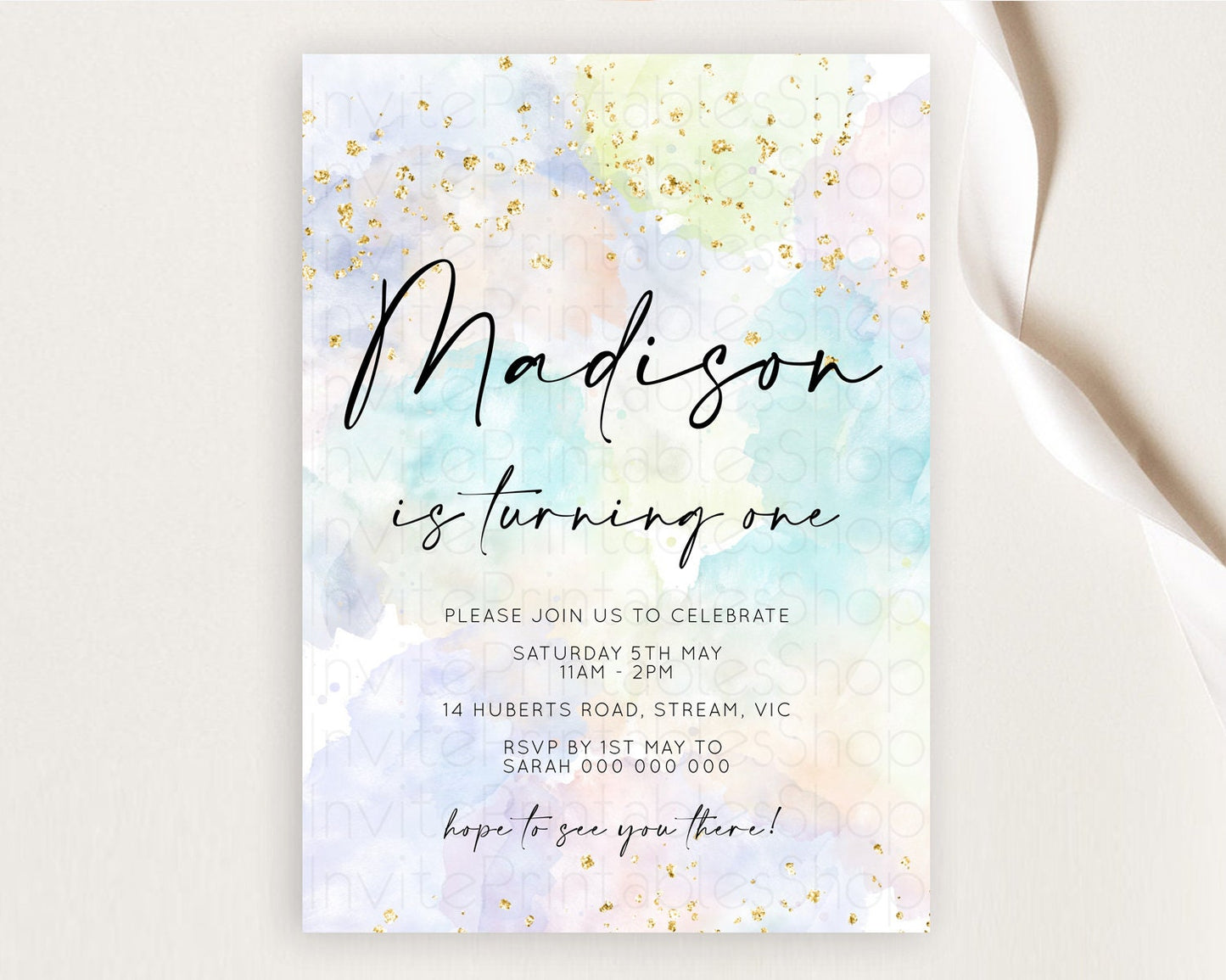 Rainbow Birthday Invitation Colorful Pastel Watercolor Invitation Gold Glitter Sprinkles Ombre Pastel 1st 2nd 3rd Birthday D10613