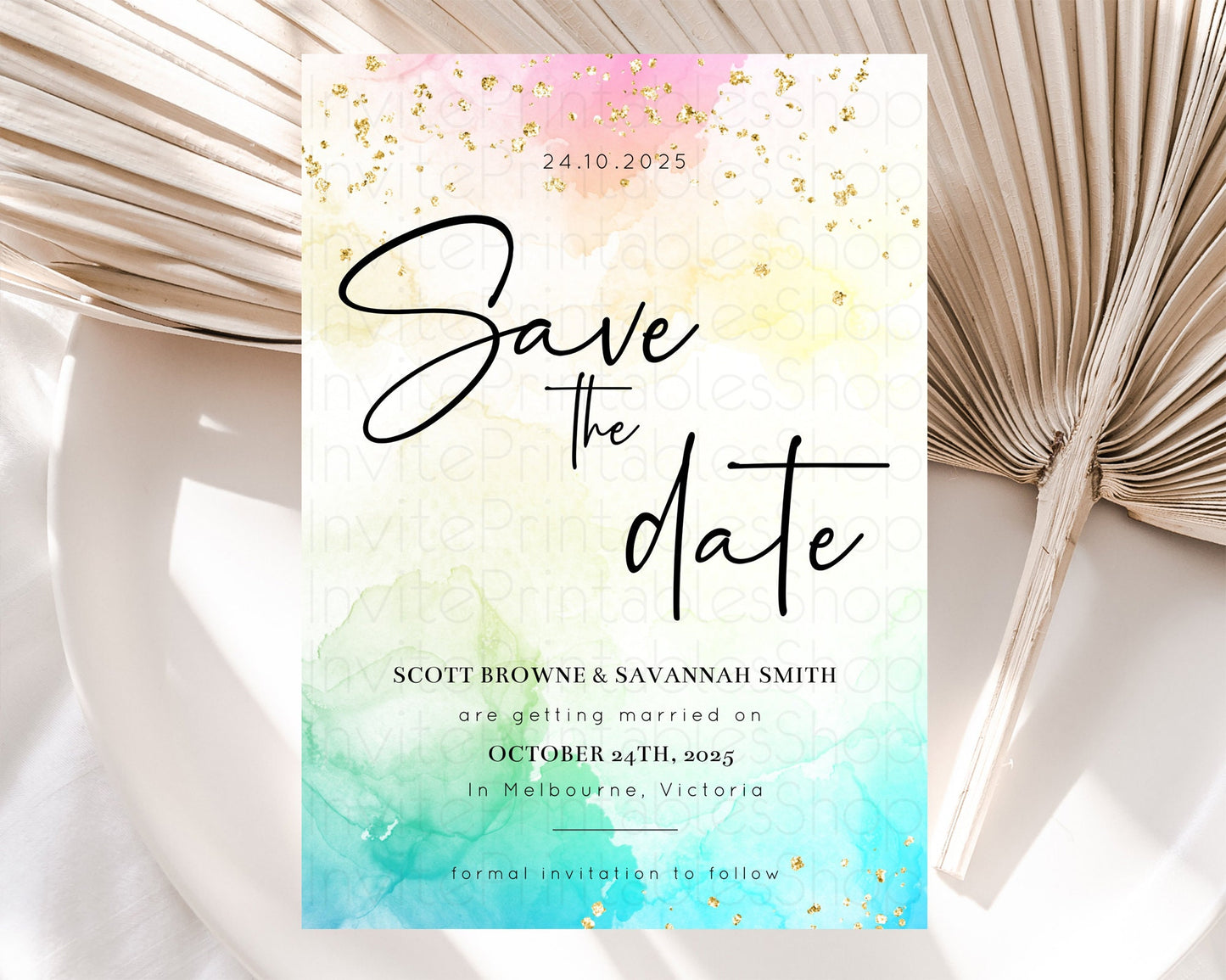 Pastel Save The Date Template Pastel Ombre Rainbow Watercolor Colorful Party For Birthday Baptism Baby Shower Wedding Bridal Shower D10151