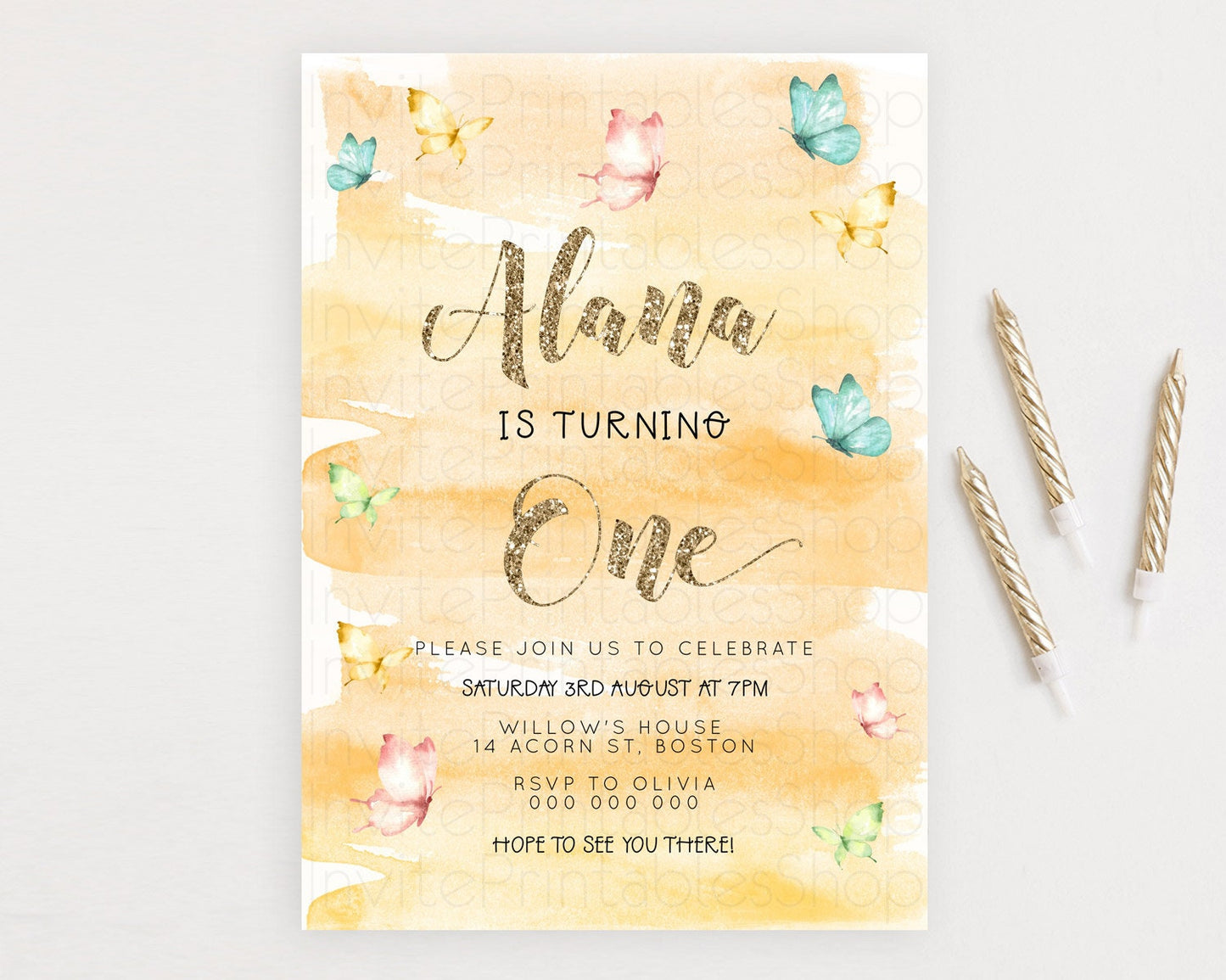 Pastel Butterfly Birthday Invitation Butterfly Birthday Invitation Colorful Splash Glitter Butterfly Garden 1st 2nd Birthday D23231