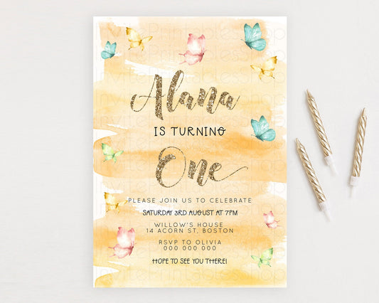 Pastel Butterfly Birthday Invitation Butterfly Birthday Invitation Colorful Splash Glitter Butterfly Garden 1st 2nd Birthday D23231