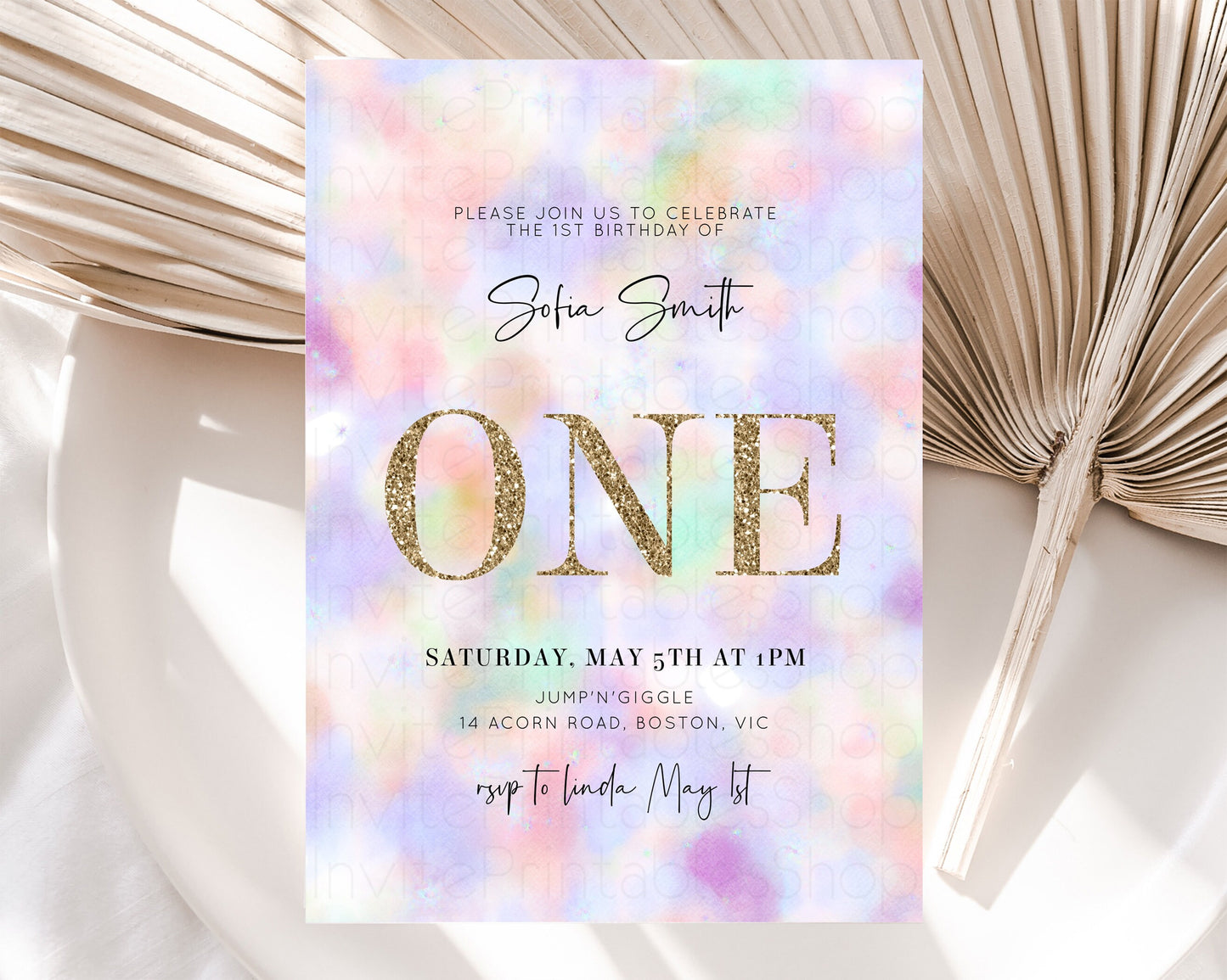 Rainbow Birthday Invitation Pastel Birthday Invite Ombre Watercolor Invite Enchanted Theme Colorful Splash Glitter Sprinkles 1st 2nd 3rd