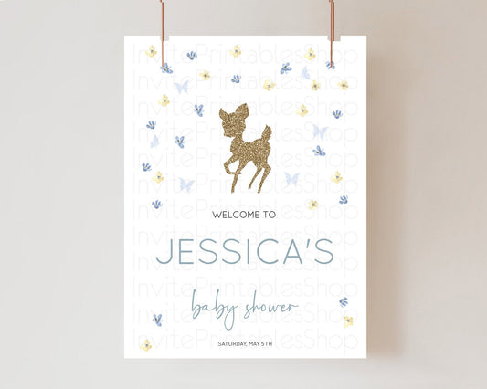 Fawn Baby Shower Welcome Sign Deer Welcome Board Floral Deer Welcome Poster Enchanted Forest Butterfly Pastel Floral Welcome Sign D10864