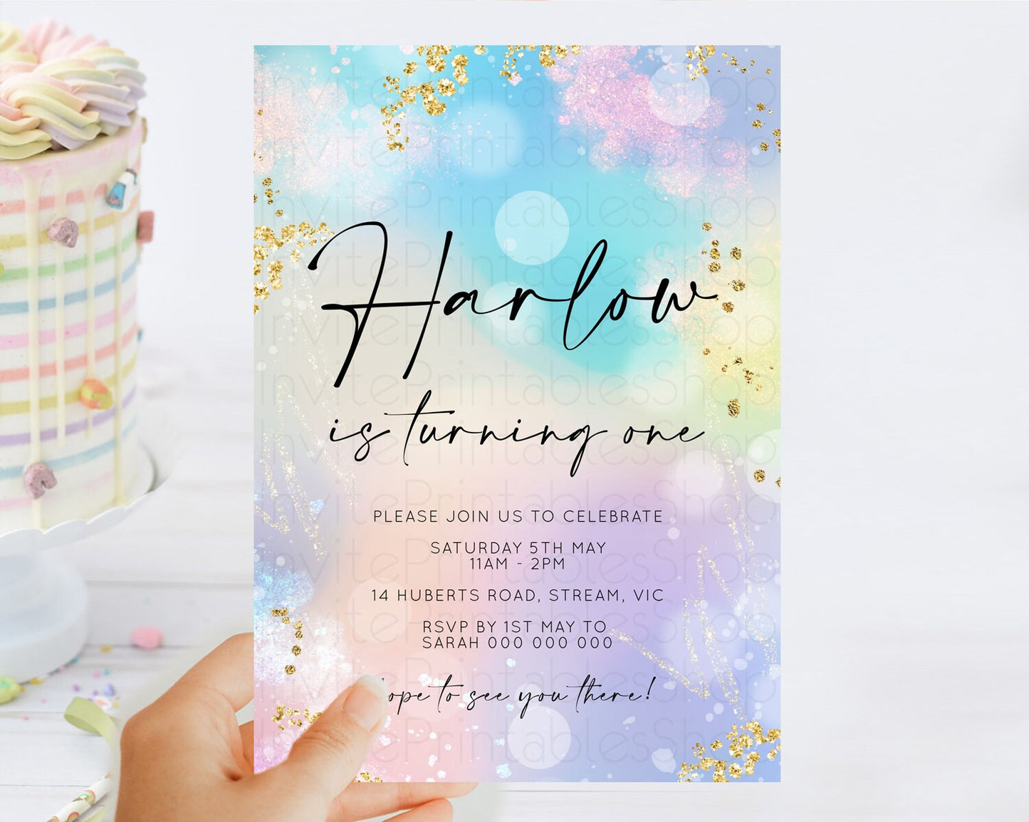 Rainbow Birthday Invitation Colorful Pastel Watercolor Invitation Gold Glitter Sprinkles Ombre Pastel 1st 2nd 3rd Birthday D10675