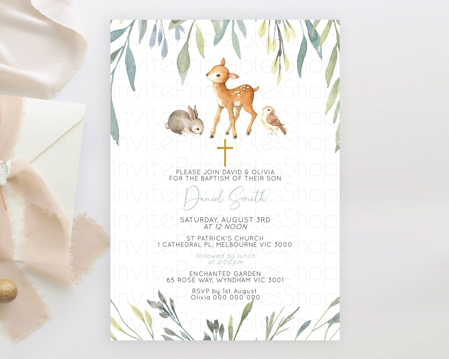 Fawn Baptism Invitation Deer Baptism 1st Birthday Invitation Enchanted Forest Christening Invitation Pastel Garden Butterfly Floral D10919