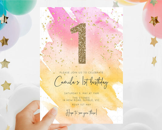 Rainbow Birthday Invitation Colorful Pastel Watercolor Invitation Gold Glitter Sprinkles Ombre Pastel 1st 2nd 3rd Birthday D10527