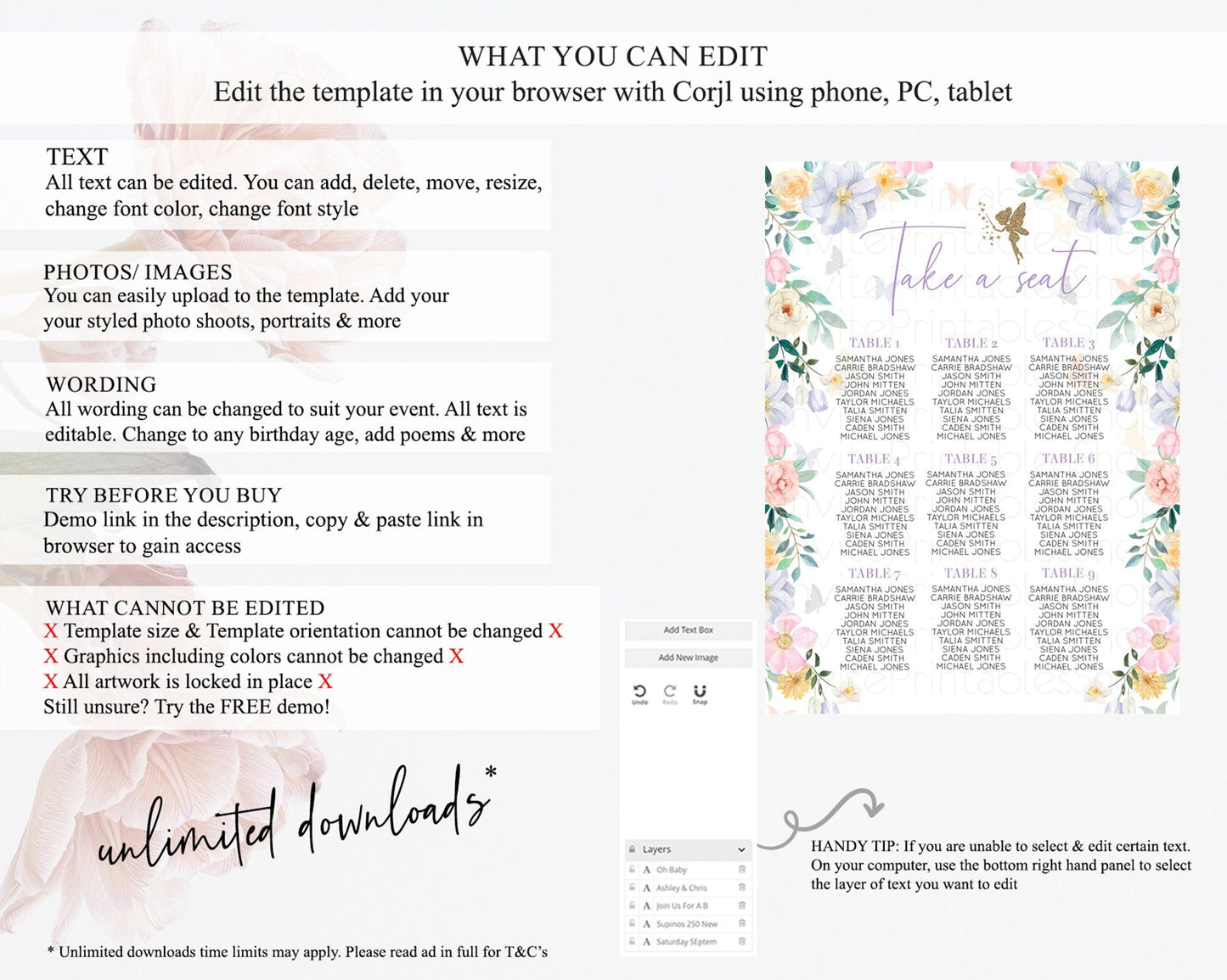 Fairy Seating Chart Pastel Fairy Seating Chart Fairy Tea Party Fairy Garden Seating Sign Enchanted Garden Floral Butterfly Decor D10474