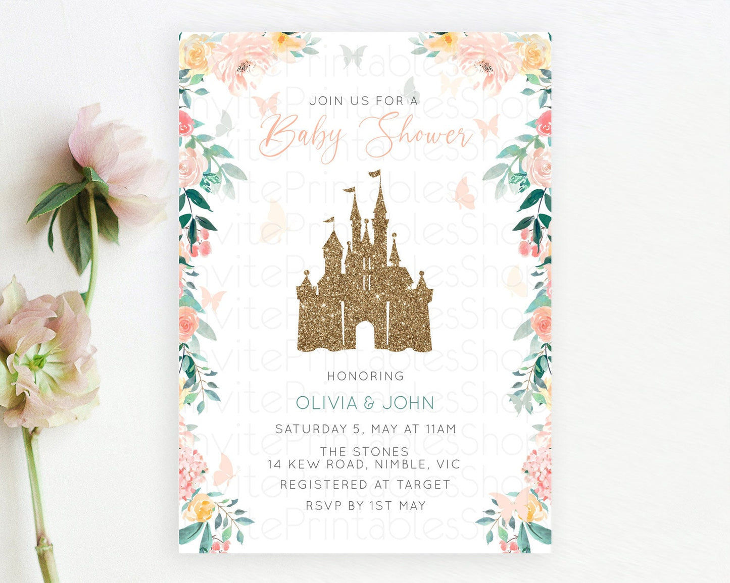 Princess Baby Shower Invitation, Enchanted Castle, Fairy Garden, Pastel Green, Orange, Pink Floral, Butterflies - Glitter Pixie Magic D10925
