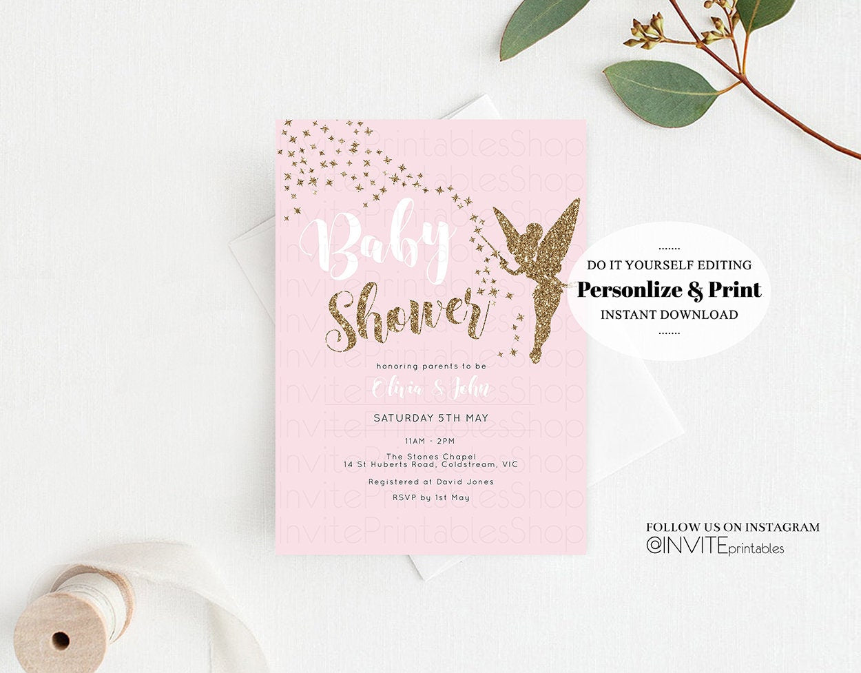Editable Baby Shower Invitations, Baby Shower Invites, Gold Glitter Invitati