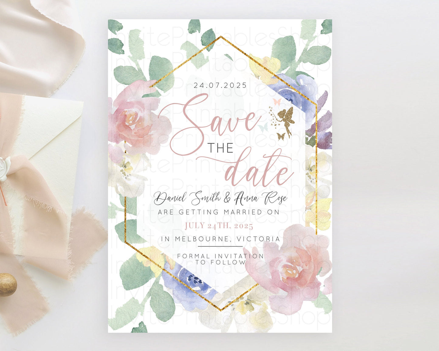 Fairy Save The Date Template Enchanted Garden Pastel Floral Butterfly Party Secret Garden Birthday Baptism Baby Shower Bridal Shower D10294