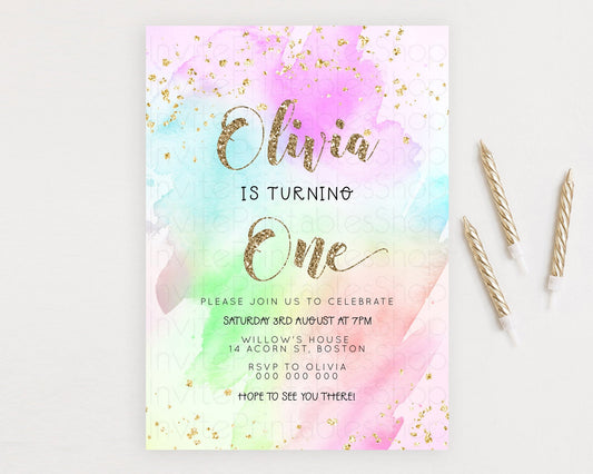 Rainbow Birthday Invitation Colorful Pastel Watercolor Invitation Gold Glitter Sprinkles Ombre Pastel 1st 2nd 3rd Birthday D23303