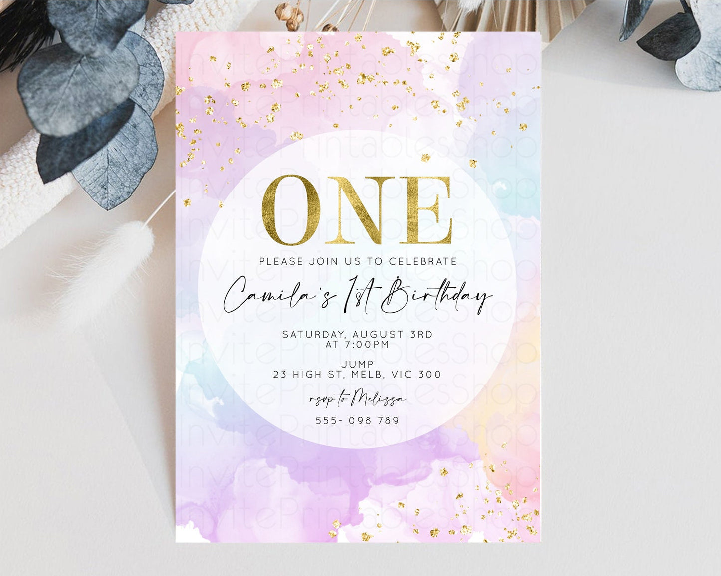 Rainbow Birthday Invitation Pastel Birthday Invitation Ombre Rainbow Invite Colorful Watercolor Invite Glitter Sprinkle Invitation 599v1