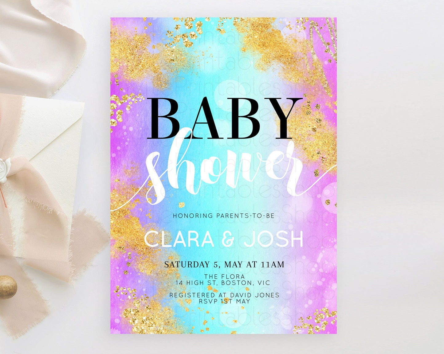 Pastel Baby Shower Invitation, Watercolor with Gold, Glitter Sprinkles, Bubbles Under The Sea Sand - Colorful Blue Purple Ombre Theme D10564