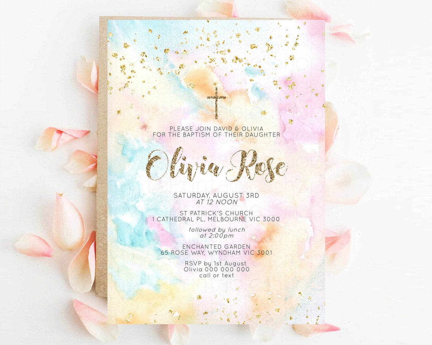 Rainbow Baptism invitation Pastel Rainbow Christening Invite Ombre Watercolor Invite Gold Glitter Sprinkle Splash Gold Cross Invite G566