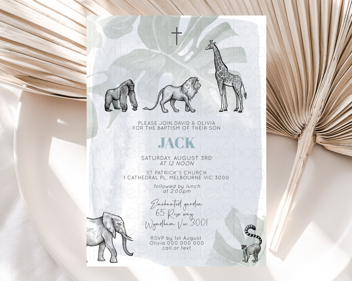 Safari Baptism Invitation Safari Adventure Baptism Birthday Invitation Lion Gorilla Elephant Rhino Tropical Palm Jungle Adventure D10821