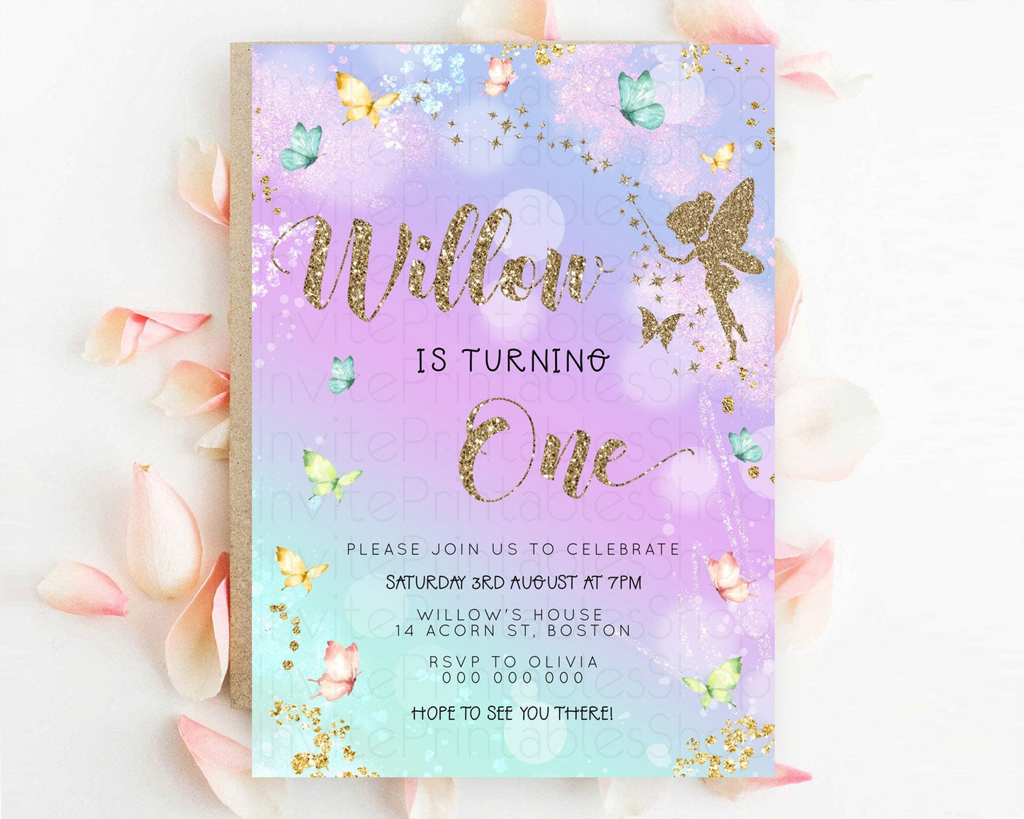 Pastel Fairy Birthday Invitation Pastel Butterflies Fairy Birthday Invitation Rainbow Ombre Watercolor 1st 2nd Birthday Invitation D23163