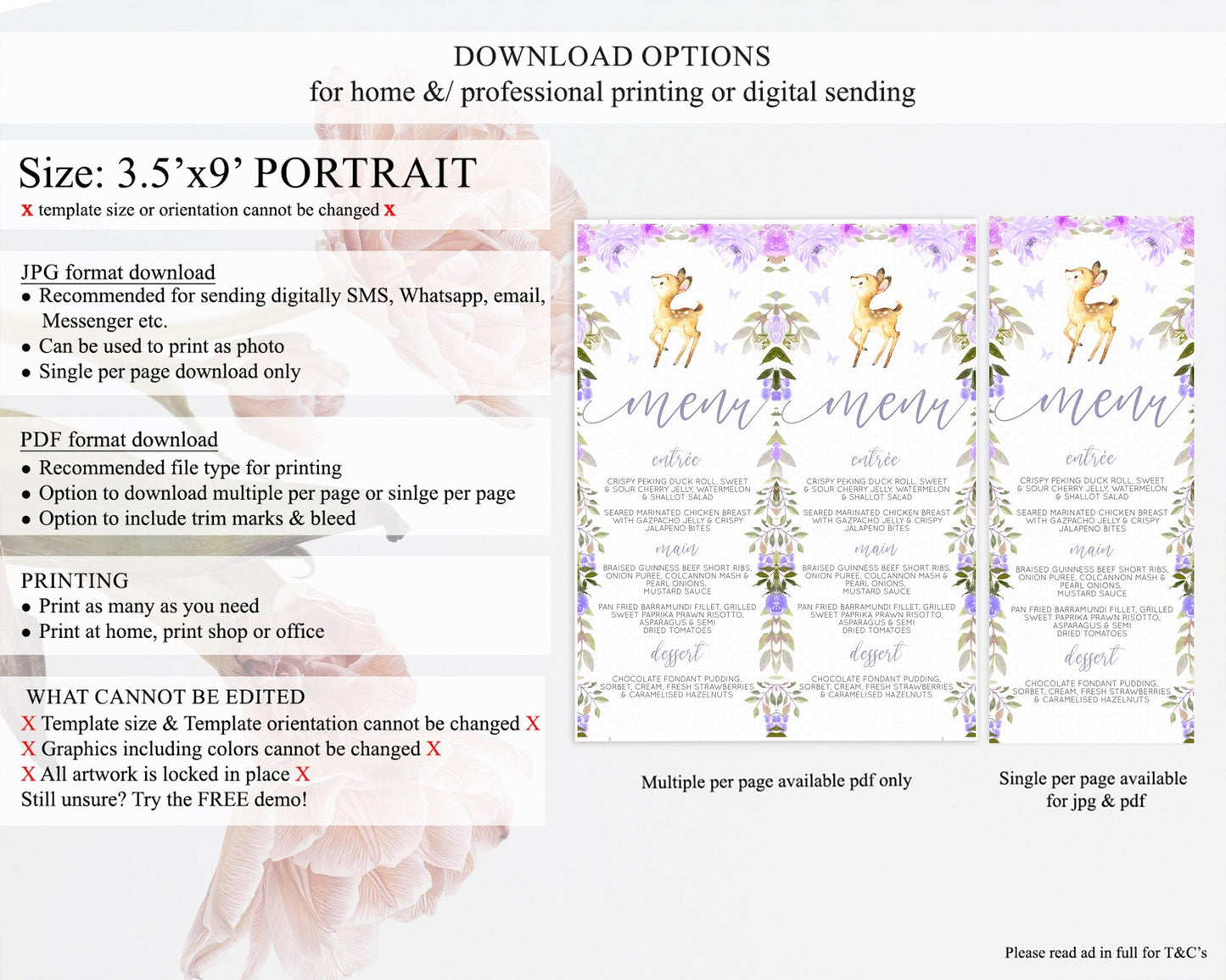 Fawn Menu Deer Menu Template Pastel Floral Deer Table Decor Enchanted Forest Butterfly Floral Dinner Dessert Menu Party Food Menu D10916