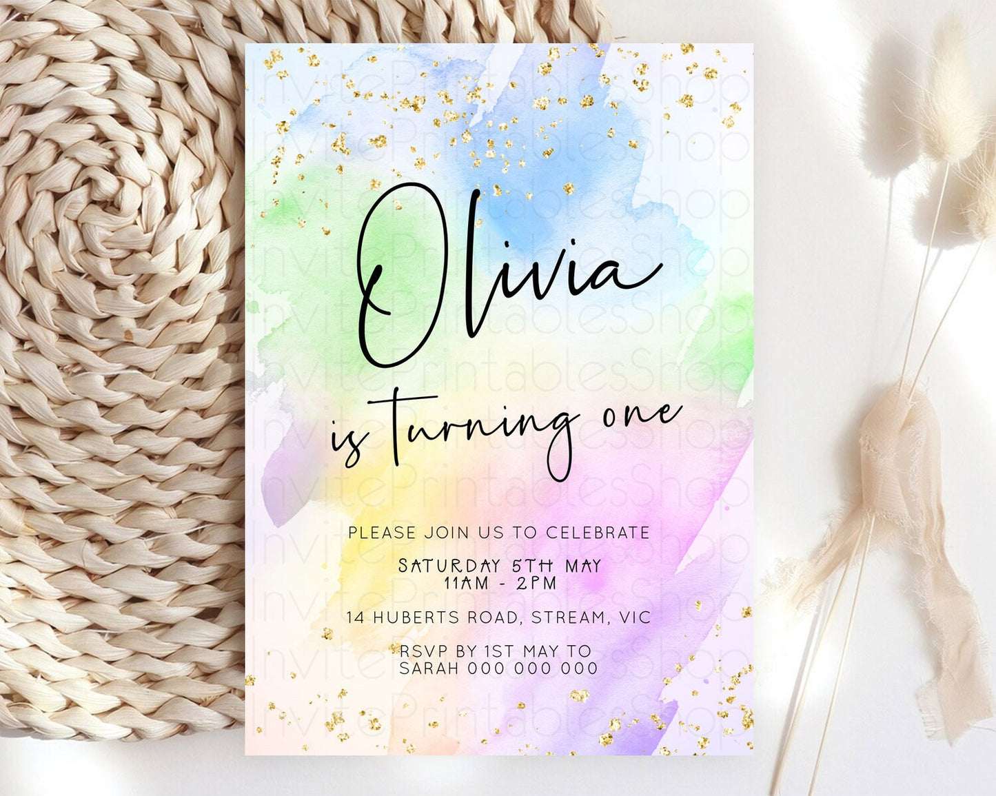 Pastel Birthday Invitation Ombre Watercolor Birthday Invitation Glitter Rainbow Color Splash 1st 2nd 3rd Birthday Invitation D23073