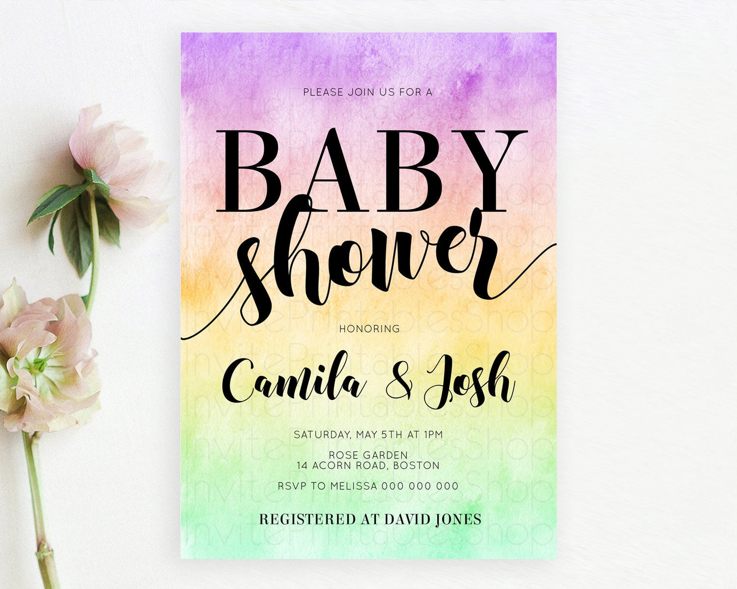 Pastel Baby Shower Invitation Rainbow Baby Shower Invitation Colorful Pastel Watercolor Invitation Gold Glitter Sprinkles Ombre D10512