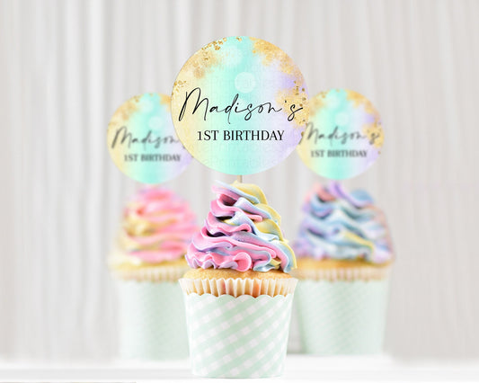Editable Rainbow Cupcake Toppers Pastel Cupcake Toppers Colorful Pastel Wate