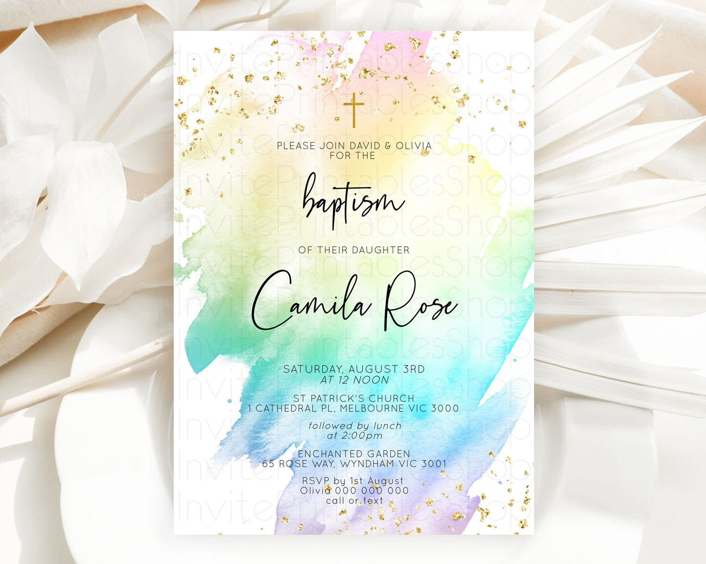 Pastel Baptism Invitation Pastel Colors Watercolor Baptism 1st Birthday Party Gold Ombre Pastel Rainbow Christening Holy Communion D10256