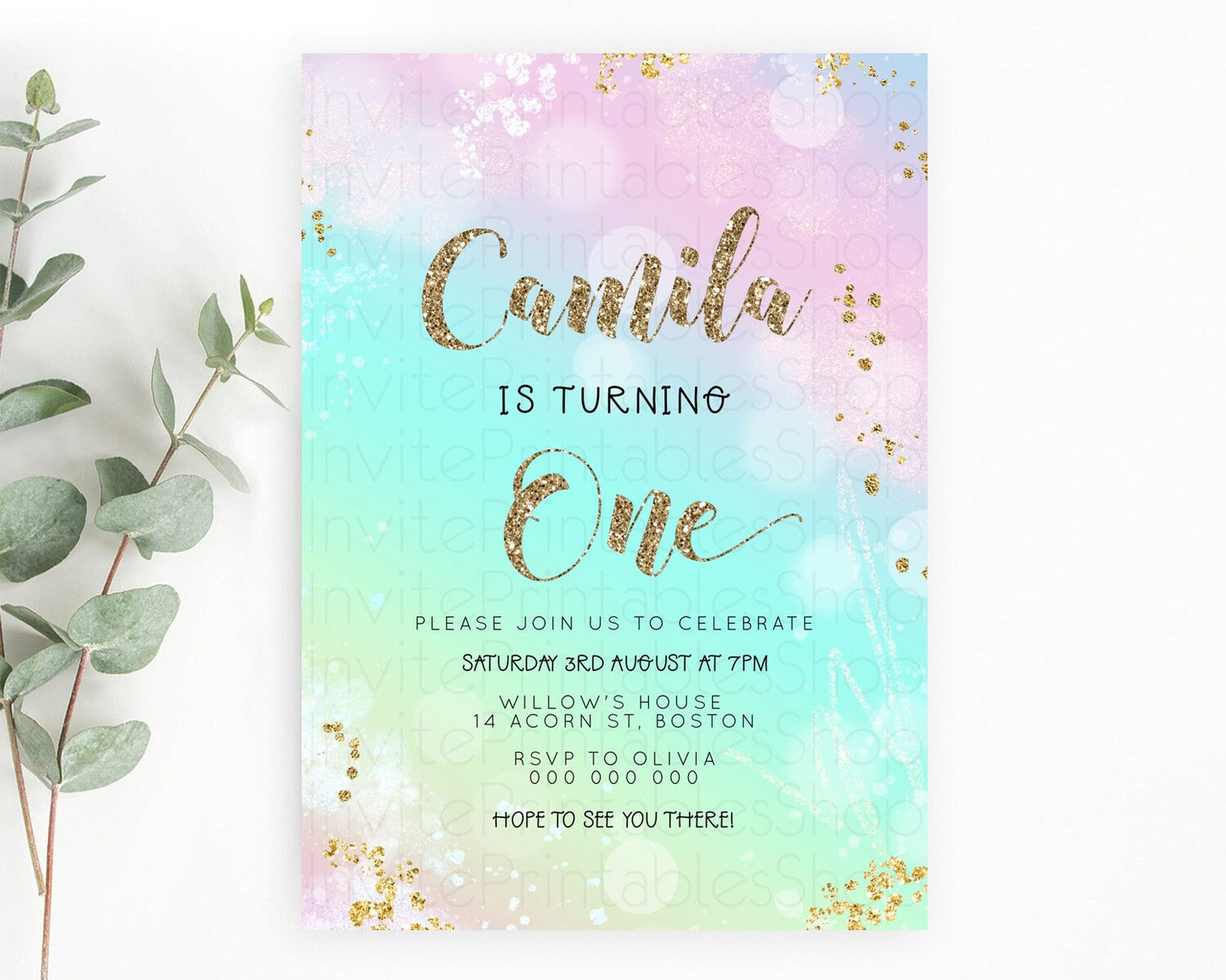 Rainbow Birthday Invitation Colorful Pastel Watercolor Invitation Gold Glitter Sprinkles Ombre Pastel 1st 2nd 3rd Birthday D23115