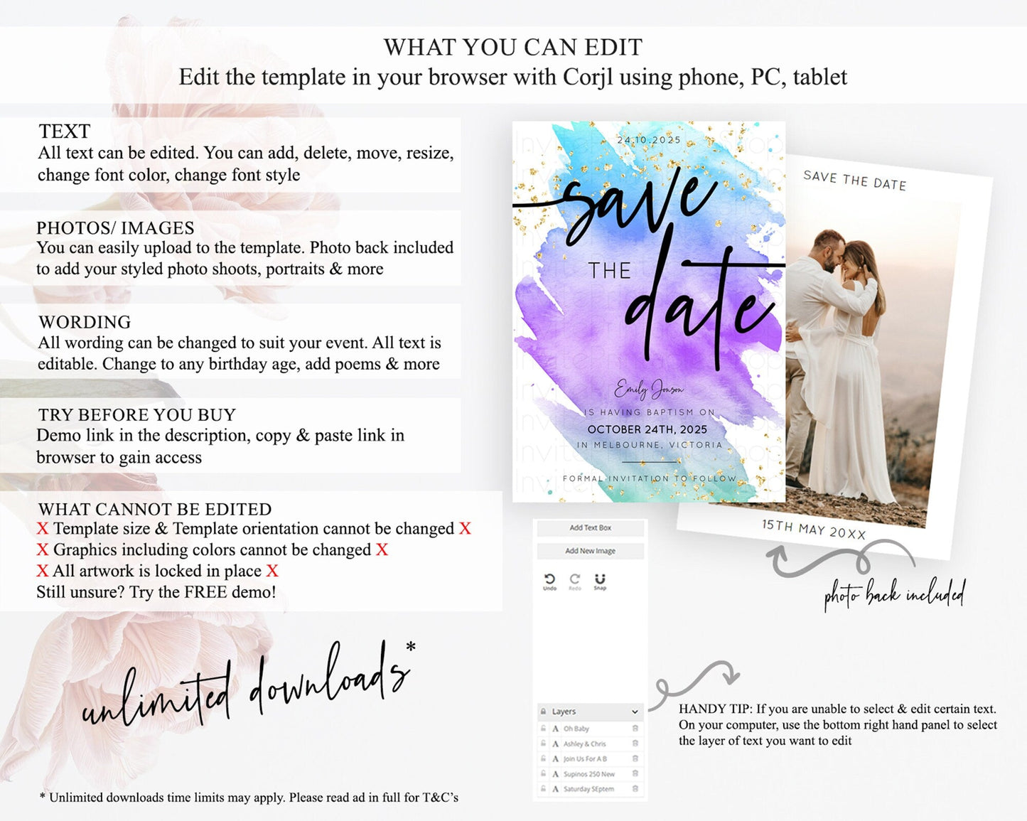 Pastel Save The Date Template Pastel Ombre Rainbow Watercolor Colorful Party For Birthday Baptism Baby Shower Wedding Bridal Shower D10491