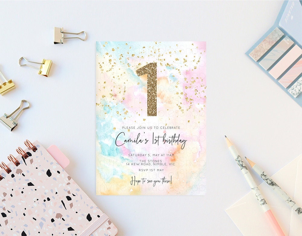 Rainbow Birthday Invitation Pastel Birthday Invitation Colorful Watercolor Invite Ombre Pastel Invitation Gold Glitter Sprinkles Invite G566