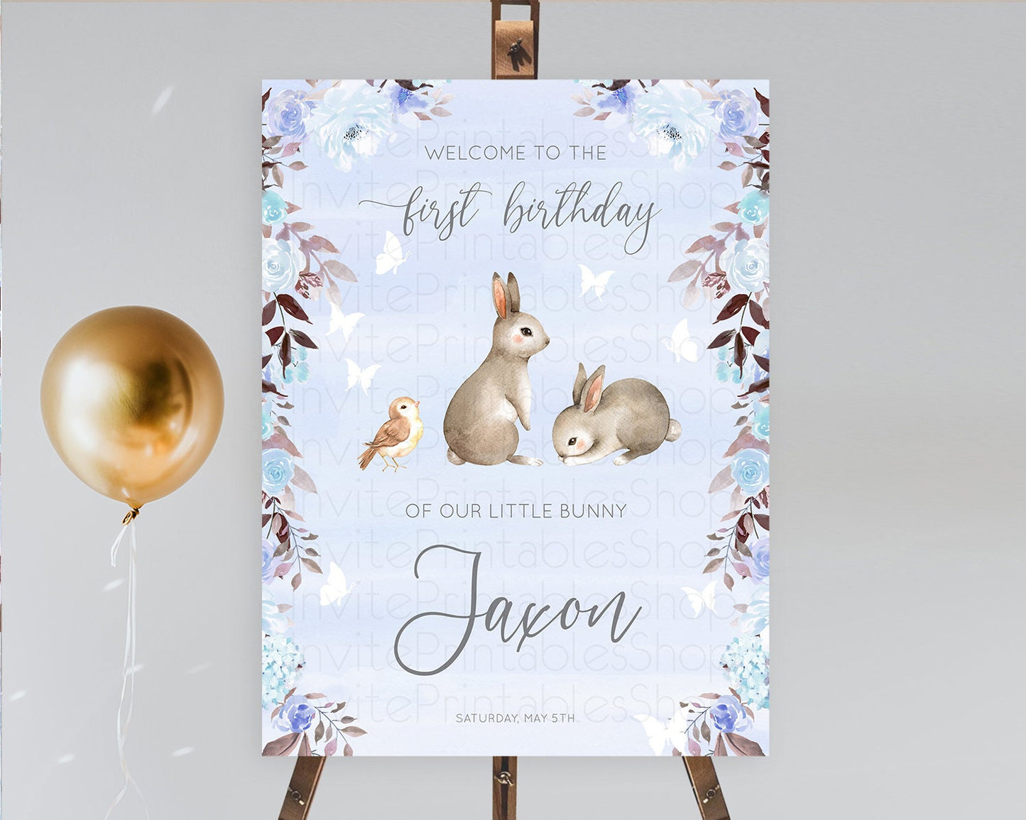 Bunny Welcome Sign Floral Bunny Welcome Board Pastel Flowers Woodland Bunny Welcome Poster Forest Bunny First Birthday Welcome Sign D10923