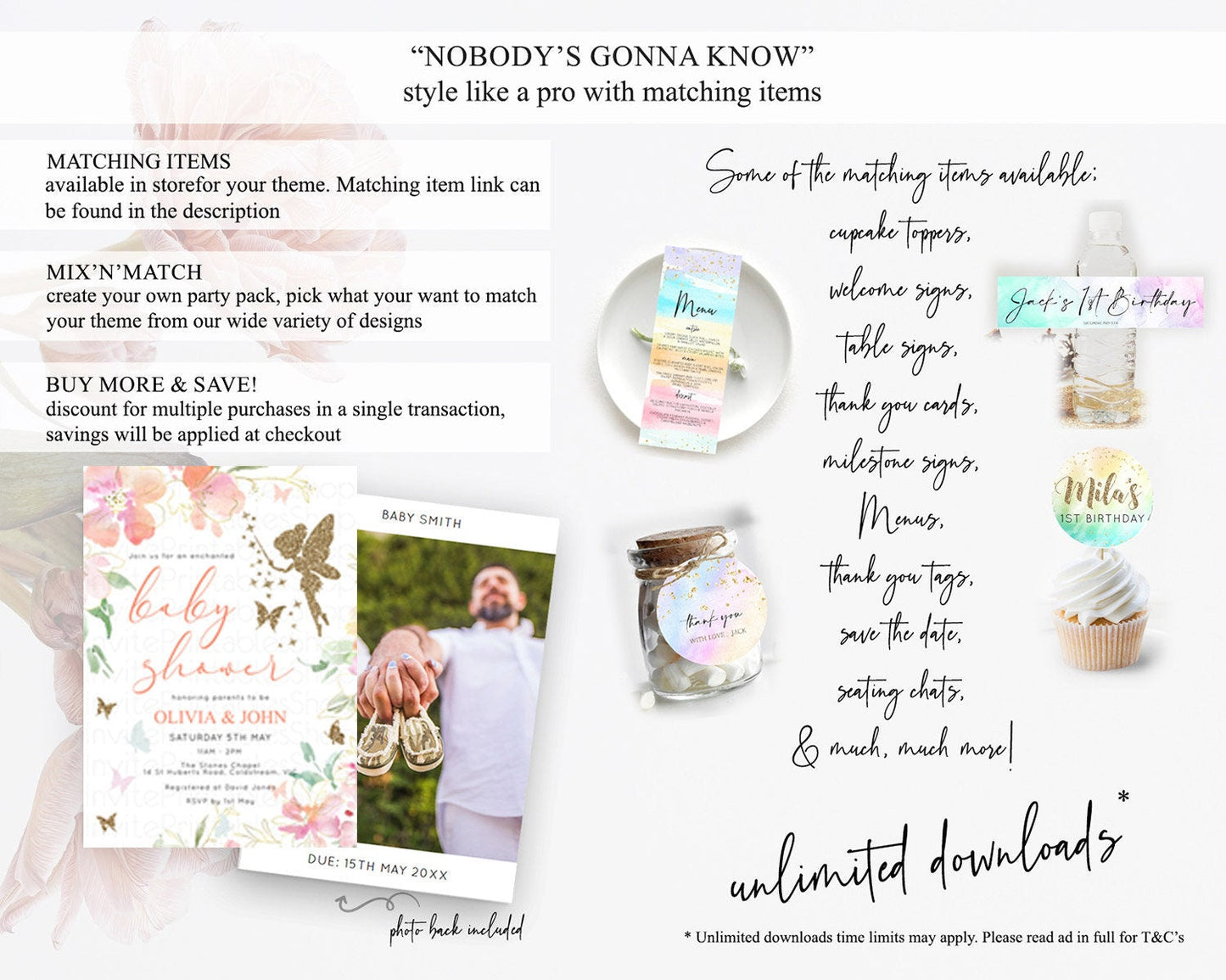 Fairy Baby Shower Invitation, Enchanted Fairy Garden, Tea Party, Secret Garden, Pastel Floral Butterflies, Pink Flowers, Gold Accents D10934