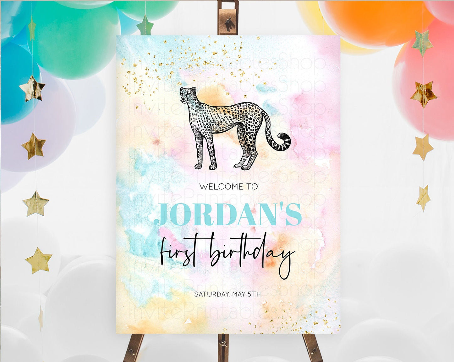 Pastel Cheetah Welcome Sign Rainbow Cheetah Welcome Board Colorful Rainbow Pastel Confetti Watercolor First Birthday Welcome Sign D10289